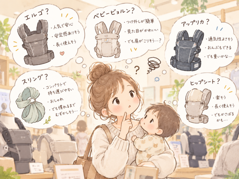 抱っこ紐選びで悩んでいる女性