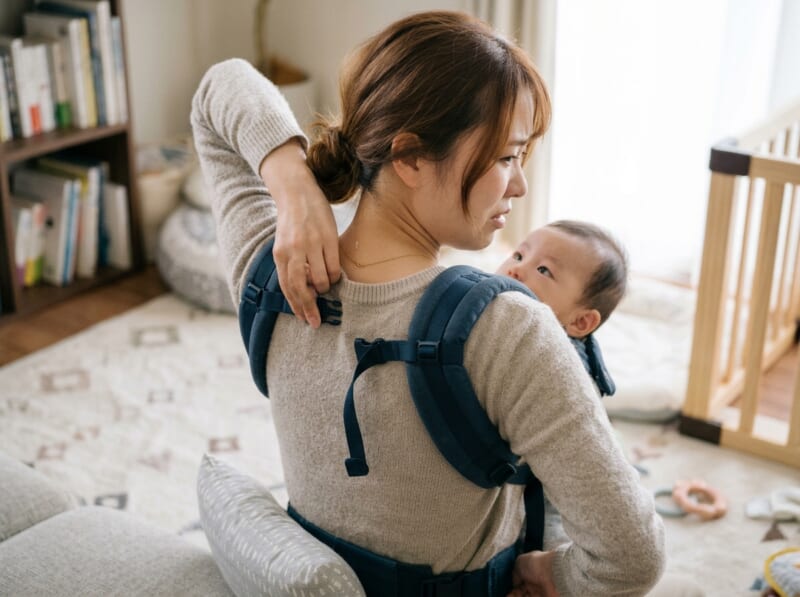 抱っこ紐の背中のバックルが留められない女性