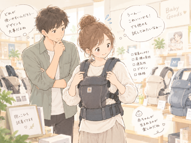夫婦で抱っこ紐を選んでいる様子
